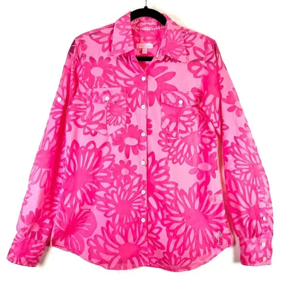 Lilly Pulitzer Womens Shirt Pink Resort Fit Button Up Floral Barbiecore Small - Picture 1 of 9